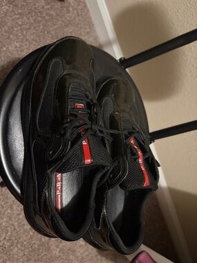 Prada Black kid's Lace-Up Sneakers with Red Logo Stripe